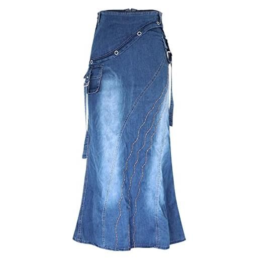 Generic gonna in jeans da donna, lunga, grande, in denim, elegante, linea ad a, a pieghe, blu scuro, xxl