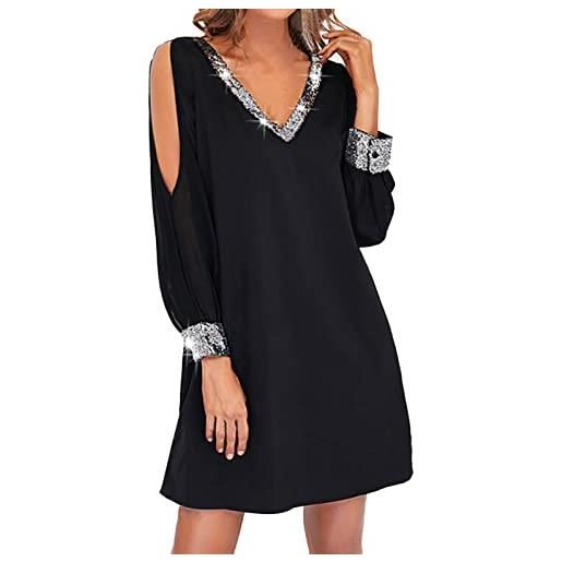 HHMY abito di natale con paillette, da donna, con strass, con cuciture brillanti, elegante, per feste, con scollo a v, a maniche lunghe, in rete, nero , xxl