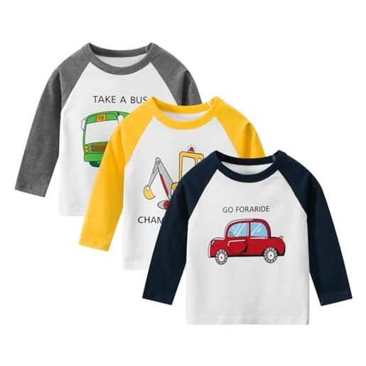 amropi bambino ragazzi 3 pack maglietta stampa dinosauro manica lunga casuale cotone t-shirt bianco giallo nero, 2-3 anni