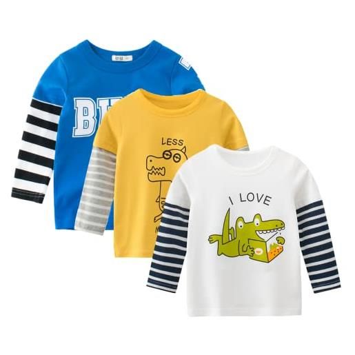 amropi bambino ragazzi 3 pack maglietta stampa dinosauro manica lunga casuale cotone t-shirt giallo navy grigio, 7-8 anni