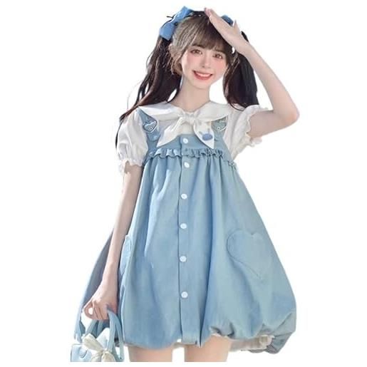Mluvpxey vestito estivo japanese sweet lolita style blue strap dresses women kawaii rabbit ears y2k dress sets (color: dress and shirt, size: l)