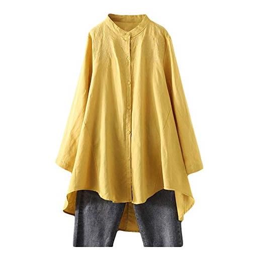 FTCayanz donna camicia elegante camicette manica lunga tunica camicia di lino giallo m