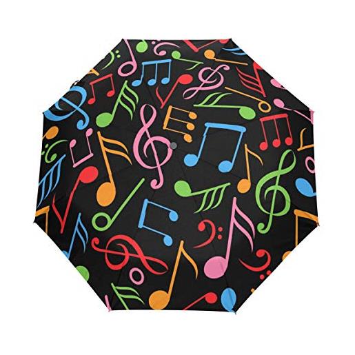 QMIN - ombrello pieghevole automatico con note musicali, antivento, anti-uv, da viaggio, compatto, per donne, uomini, ragazze