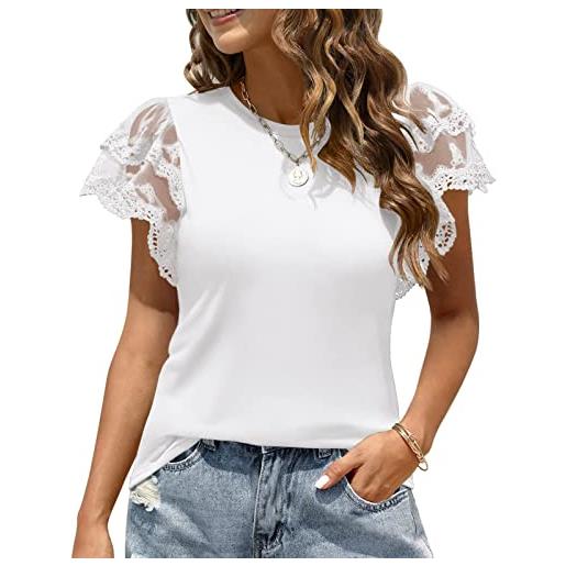 EBTOOLS t-shirt da donna, top a maniche corte girocollo, top estivi casual, design con maniche a volant, t-shirt in pizzo estivo(xl-bianco)