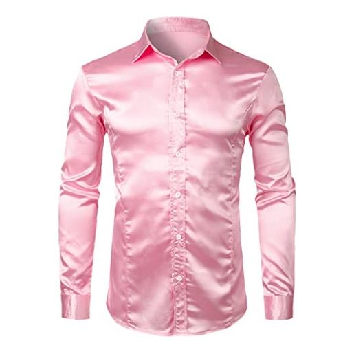 SaoBiiu camicie eleganti da uomo in raso di seta lucida da uomo camicia casual da smoking da ballo da uomo pink xxl