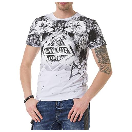 Cipo & Baxx maglietta da uomo in cotone, scollo rotondo, con stampa sul petto, a maniche corte, ct701, bianco, s