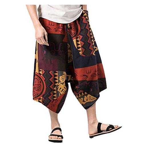 DSJJ pantaloncini uomo donna estivi boho retro stampa cotone lino, sottile vita elastica larghi aladdin etnici hippie pantaloni 3/4 shorts (2#, m (label l))