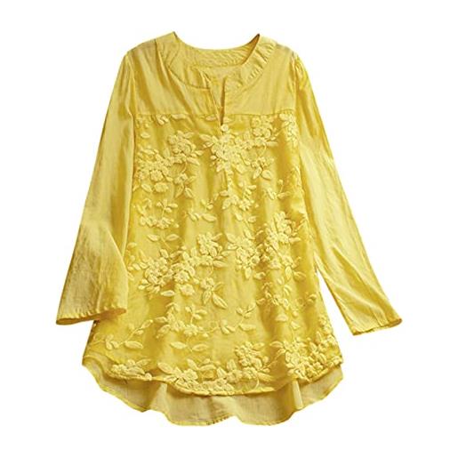 yqj camicia da donna in pizzo con cuciture a maniche lunghe con ricamo, giallo, l