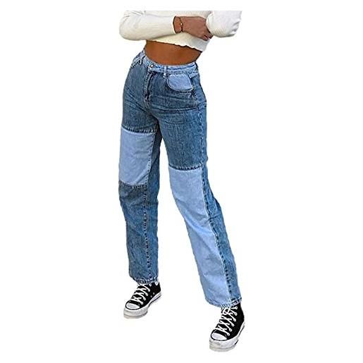 Senlen patchwork jeans per le donne vita alta gamba dritta stretch denim pantaloni ragazze moda blocchi di colore patch jeans, blu, l