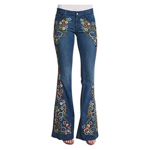 TDEOK jeans da donna, 90, jeans a zampa, a vita alta, con ricamo, stile vintage, svasato, pantaloni a zampa, blu, m