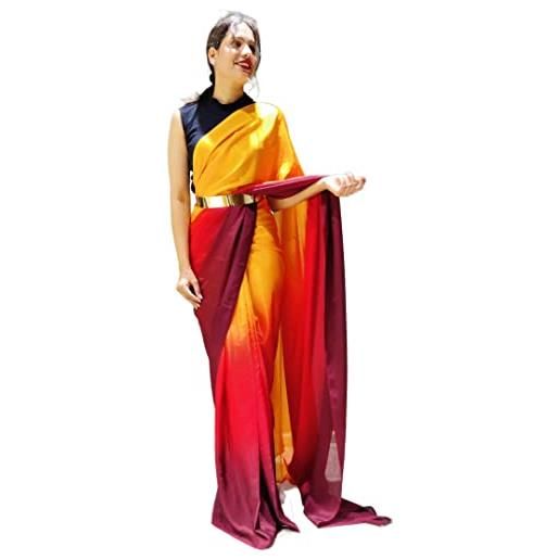 TreegoArt Fashion chinon indiano da donna pronto da indossare saree con camicetta scucita -(rtw yellow)