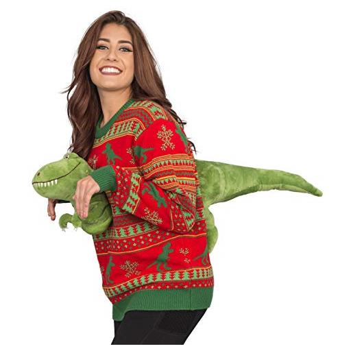 Costume Agent felpa 3d t-rex red and green adult jumper ugly christmas rosso xl