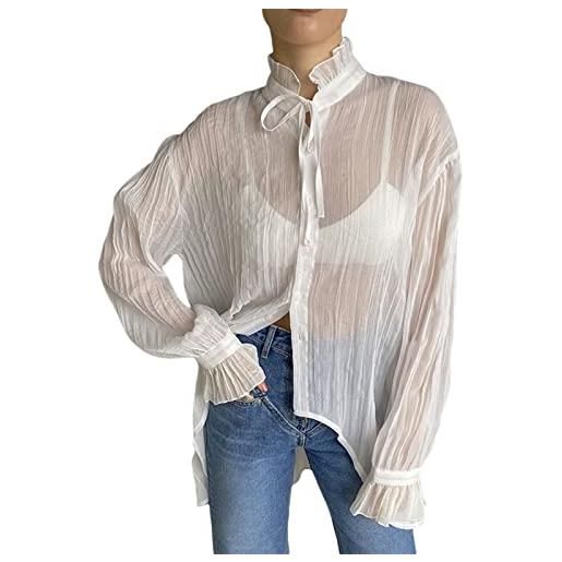 Yassiglia camicia donna elegante in tinta unita maglia da donna trasparente a maniche lunghe con papillon collo alto chiusura con bottoni (bianco, l)