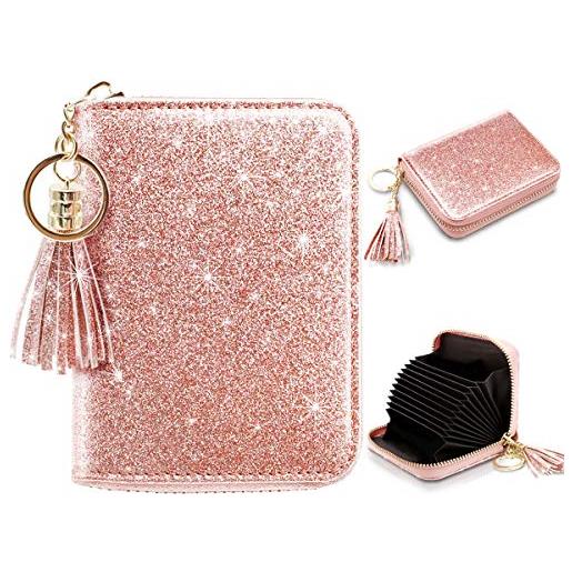 Coco Rossi portafoglio da donna piccolo per carte di credito rfid glitter carino porta carte di credito portafogli per le donne, a glitter rosa, small, minimalista