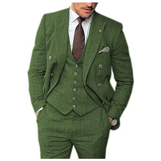 HSLS abiti da uomo formale 3 pezzi regular fit tweed lana prom smoking (blazer+gilet pantaloni) verde 60 it