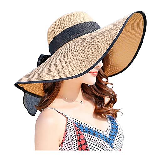 FSIGOM cappello da donna con fiocco grande da 12 cm e fiocco di paglia, grande, pieghevole, arrotolabile, protezione solare upf 50+, kaqih, l
