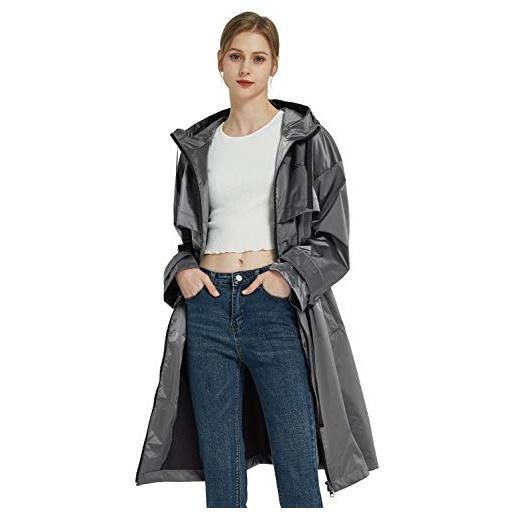 OROLAY cappotto trench da donna con coulisse a vita impermeabile medio-lungo con cappuccio grigio m