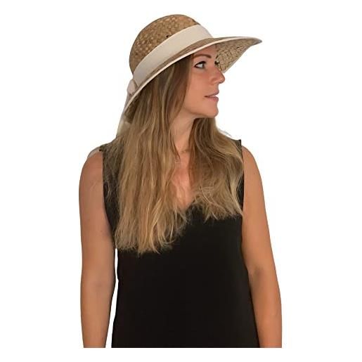 Carlotta Neri cappello da sole donna falda larga con banda e fiocco 100% paglia naturale made in italy 57 cm tagli unica 3 colori cappello spiaggia estivo, mare, elegante (banda ecrù)