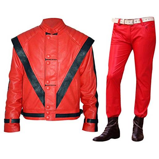 Fashion_First mj king of pop thriller - costume da uomo in pelle rossa, giacca in vera pelle rossa, l