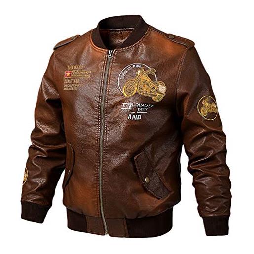 Ketamyy uomo casual bomber in ecopelle giacca pu pelle primavera autunno regular fit colletto da baseball embroidery cappotto stampa aviatore pilot air force giacchetto stile marrone xl