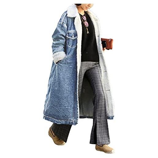 ORANDESIGNE giacca di jeans invernale da donna jacket denim cappotto imbottito in velluto a sezione larga con risvolto di grandi dimensioni più lungo azzurro xxl