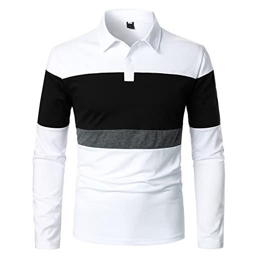 hmtitt stitching lapel fashion men's sleeve top long casual design loose men's polo shirts (white, l)