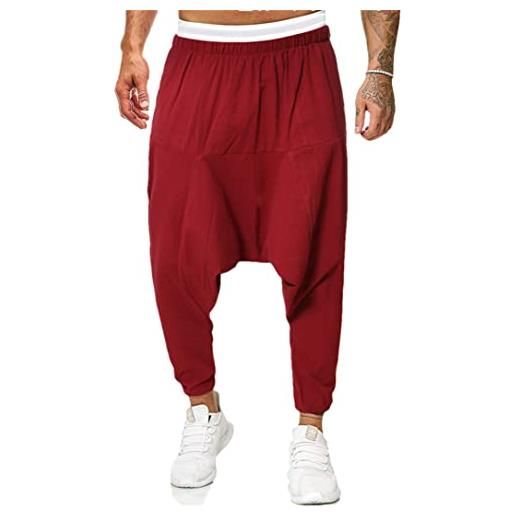 Bciopll pantaloni da uomo rossi larghi boho yoga harem in cotone a bassa goccia cavallo joggers hip hop pantaloni, rosso, l