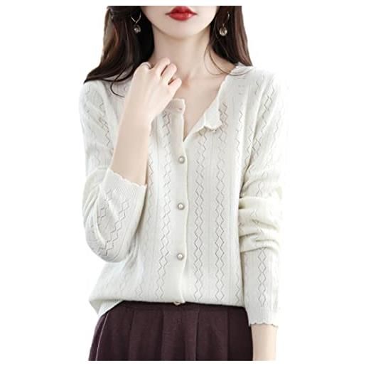 Bollrllr autunno inverno donne giacca girocollo cashmere cardigan hollow fiore bordo maglione di lana, white, s