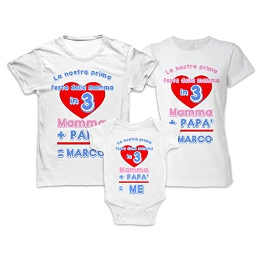 Bulabadoo tris t-shirt body neonato festa della mamma - nome personalizzabile - festa della mamma in 3 - cuore - cuori - corona - amore - love - madre padre bimbo