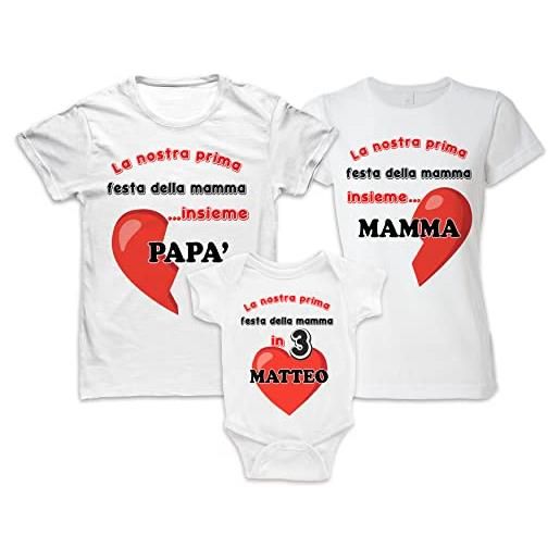Bulabadoo tris magliette body neonato prima festa della mamma - nome personalizzato - cuori - amore - piccolo - piccino - in 3 - mamma + papà = me - cuore - famiglia - coordinate