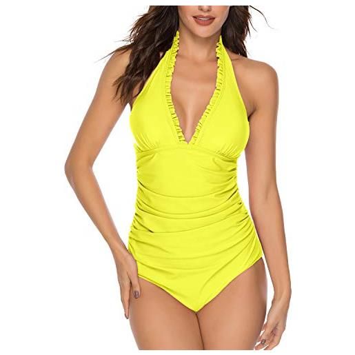 MISSVOG - costume da bagno intero da donna, con volant e scollo a v increspato - giallo - l