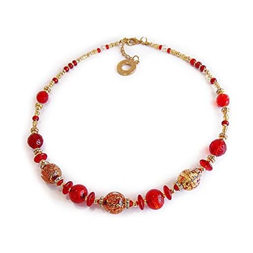 VENEZIA CLASSICA - collana da donna girocollo con perle in vetro di murano originale, collezione diana, rosso con foglia in oro 24kt, made in italy certificato