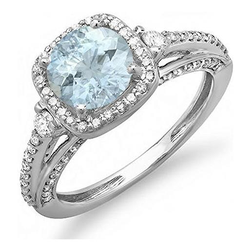 Piccoli Tesori anello donna 14 ct oro bianco rotonda acquamarina & diamante bianco donna fidanzamento halo nuziale ring