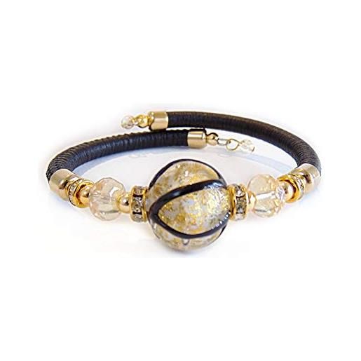 VENEZIA CLASSICA - bracciale da donna con perle in vetro di murano originale e vera pelle toscana, collezione aida, con foglia in argento e oro 24kt, made in italy certificato (nero oro)