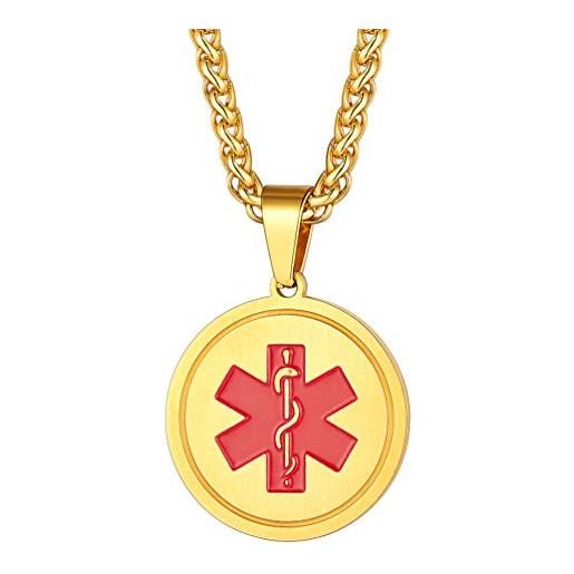 PROSTEEL emergenza medica stella di vita rossa collana pendente personalizzata informazione medica gruppo sanguigno, catena regolabile, acciaio inossidabile placcato oro, oro - incisione gratis