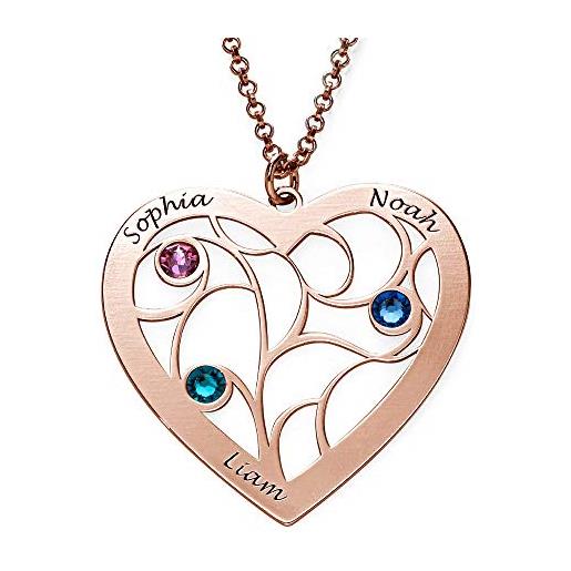 MyNameNecklace myka - collana a cuore con albero della vita e pietre portafortuna personalizzata - regalo per mamma (argento 925 placcato oro rosa 18k)