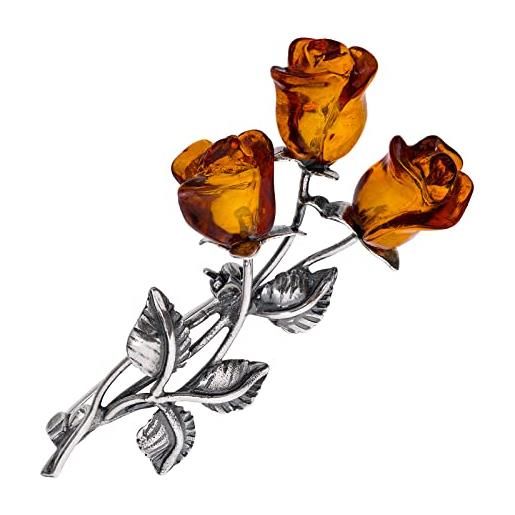 AMBEDORA spilla da donna in argento 925 ossidato, rose d'ambra baltica intagliate a mano, spilla con tre rose d'ambra, chiusura di sicurezza, set regalo