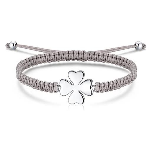 Jrêveinfini quadrifoglio bracciale donna argento 925, bracciale portafortuna bambina ragazza, bracciale mamma corda amicizia, regalo natale compleanno donna bambina