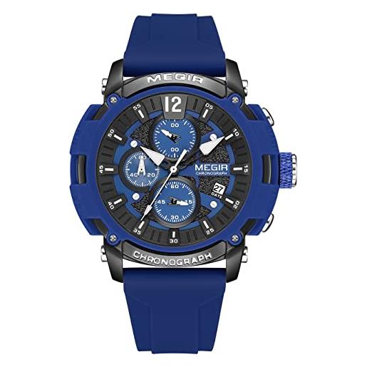 MEGIR orologi al quarzo sportivi da uomo con cronografo luminoso calendario automatico impermeabile cinturino in silicone, blu