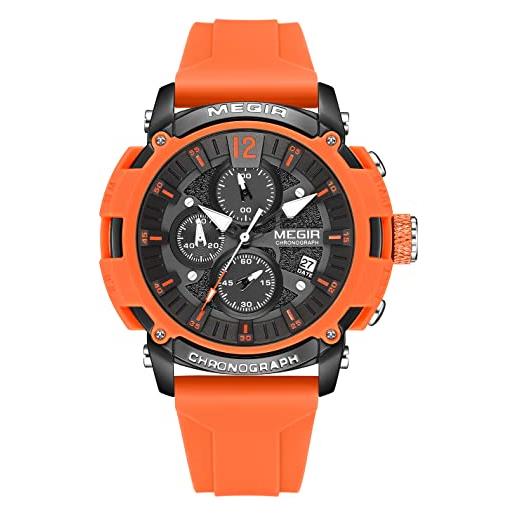 MEGIR orologi al quarzo sportivi da uomo con cronografo luminoso calendario automatico impermeabile cinturino in silicone, arancione