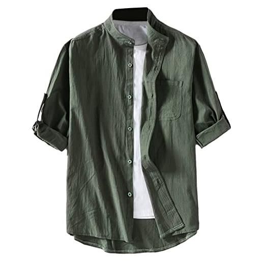 GIBZ camicia da uomo in lino camicie a maniche corte estiva in tinta unita casual slim fit, verde scuro, 4xl