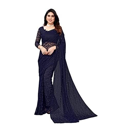 TreegoArt Fashion abbigliamento da festa da donna design floreale saree indiano perle saree netto con camicetta non cucita -(abira black)