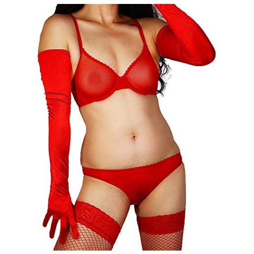 DooWay guanti da donna in raso extra lunghi opera rosso 70 cm lucido elasticizzato da sera costume da festa guanti, rosso, m
