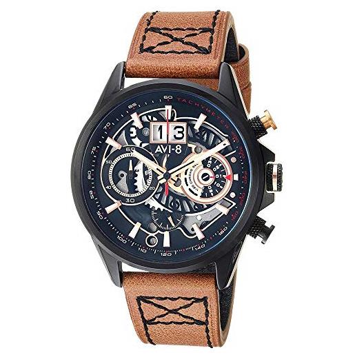 AVI-8 mens 45mm hawker harrier matador chronograph bronze carbon japanese quartz pilot watch with genuine leather strap av-4065-03