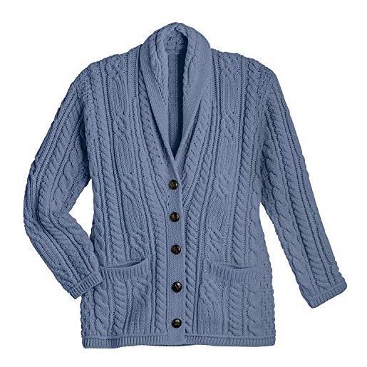 Aran Woollen Mills maglione cardigan con scialle irlandese lavorato a trecce in lana merino (grigio, xxl)