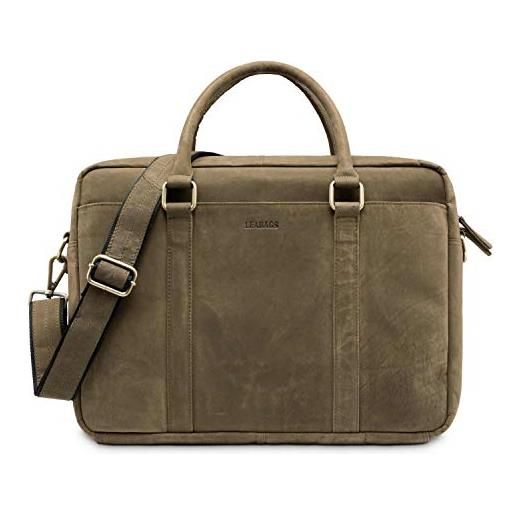 LEABAGS borsa per documenti per uomo e donna | custodia laptop in vera pelle 16 pollici | borsa a tracolla con tracolla | messenger | borsa da lavoro | borsa per insegnanti | verde naturale