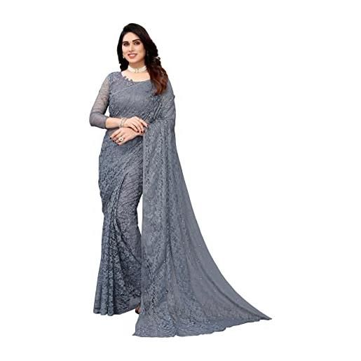 IMTRA FASHION designer net sari da donna indiano floreale sari con camicetta, bordeaux, l