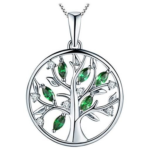 YL collana donna argento 925 con ciondolo 5a zirconia cubica/granato/smeraldo albero della vita pendente gioielli, catena 45+5cm