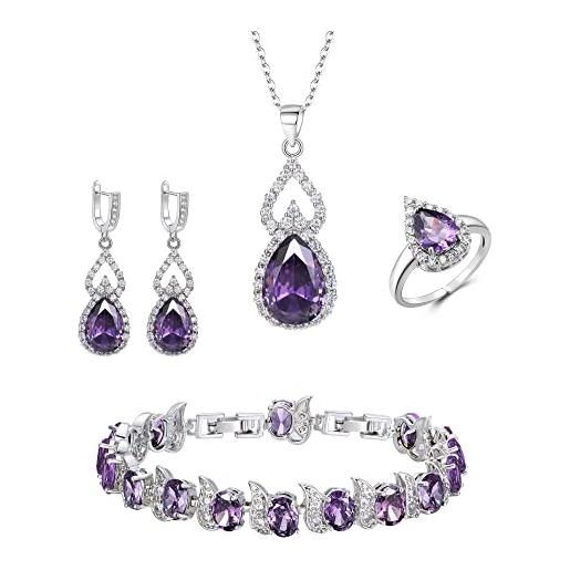 Clearine gioielli set per donne argento placcato viola goccia zirconia cubica collana anello aperto regolabile orecchini bracciale set per matrimonio/anniversario/festa della mamma