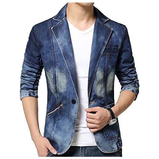 Z-BAIBAO uomo retro denim blazer intagliato risvolto sbiancato tasca con cerniera singolo pulsante blu jean giacca, come da immagine. , m